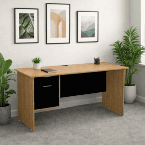 Mesa de oficina moderna con plantas y cuadros decorativos en fondo blanco para espacios de trabajo e.