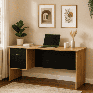 Escritorio de oficina con plantas, arte y laptop en ambiente moderno y acogedor.