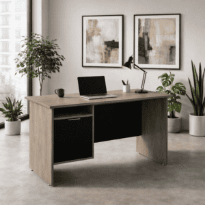 Escritorio de oficina con diseño moderno y espacio para laptop y accesorios.