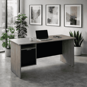 Mesa de oficina moderna con plantas y arte abstracto en fondo.