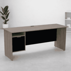 Mesa de oficina moderna con espacio de almacenamiento y diseño funcional para espacios de trabajo.