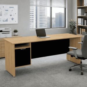Escritorio de oficina con diseño moderno y funcional en espacio corporativo, ideal para ambientes de.