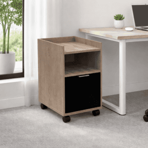 Mesa de oficina móvil con almacenamiento y ruedas para espacio de trabajo.