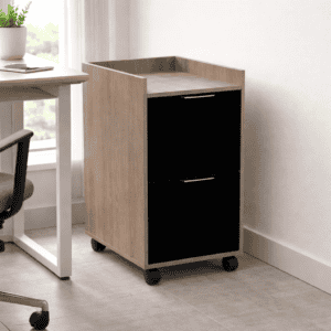 Mueble de oficina con ruedas y espacio para almacenamiento en oficina moderna.
