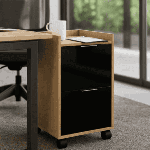 Mueble de oficina con ruedas y espacio de almacenamiento para organización eficiente.