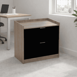 Mueble de oficina con cajonera moderna en madera y negro, ideal para espacios de trabajo elegantes y.