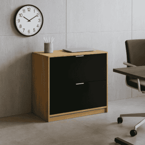 Mueble de oficina con cajonera moderna y escritorio en oficina minimalista.