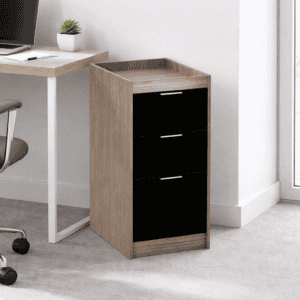 Organizador de oficina con 3 cajones negros y estructura de madera clara.