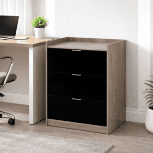 Mueble de oficina con cajonera moderna en madera y negro, ideal para espacios de trabajo elegantes y.