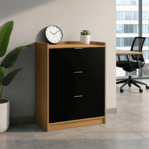 Mueble de oficina con cajones negros y estructura de madera en espacio moderno.