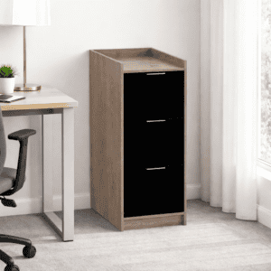 Estantería de oficina moderna con tres compartimentos negros y estructura de madera clara, ideal par.