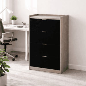 Mueble de almacenamiento para oficina con 4 cajones negros y estructura de madera clara.