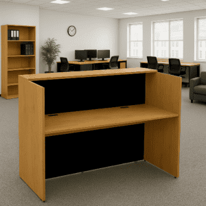 Mesa de oficina moderna y funcional en espacio de trabajo.