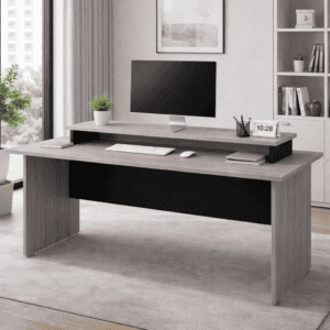 Escritorio de oficina moderno y funcional para trabajo remoto y estudio en casa.