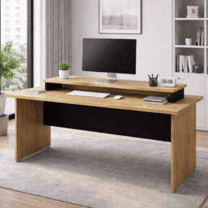 Escritorio de oficina moderno de madera con espacio para computadora y accesorios.