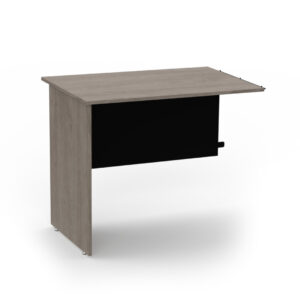 Escritorio de oficina compacto en madera con panel lateral negro.