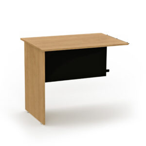 Mesa de oficina moderna con superficie de madera y panel negro para espacios de trabajo.