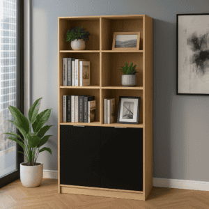Estantería de madera con libros y plantas en sala moderna, ideal para organización y decoración del.