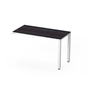 Mesa de oficina con superficie de madera oscura y estructura blanca, ideal para oficinas y espacios de trabajo modernos.