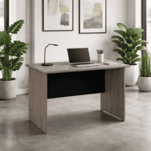 Escritorio de oficina moderno y minimalista con superficie de madera y diseño funcional en espacio d.