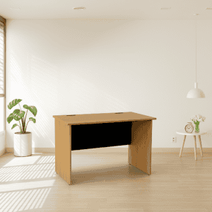 Mesa de oficina moderna y minimalista en un espacio luminoso y ordenado.