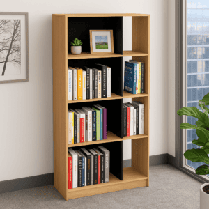 Estantería de oficina con libros y decoración en un espacio de trabajo elegante.