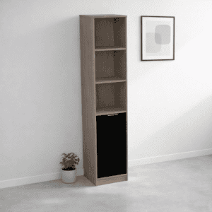 Estantería de madera moderna para oficina y hogar con espacio de almacenamiento abierto y cerrado.