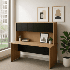 Escritorio de oficina con estantería y plantas decorativas en espacio luminoso.