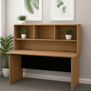 Escritorio de oficina con estantería de madera y plantas decorativas.