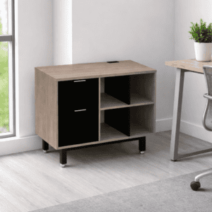 Mueble de oficina con compartimentos abiertos y cerrados, ideal para organización y estilo en espaci.