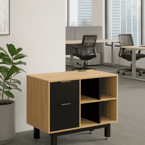 Mueble de oficina con diseño funcional y almacenamiento en oficina moderna, ideal para espacios de t.