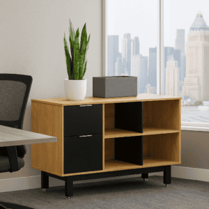 Mueble de oficina con almacenamiento y planta decorativa en espacio luminoso.