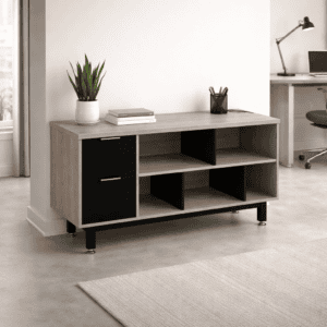 Estantería de oficina moderna con compartimentos abiertos y cerrados, ideal para organización y deco.