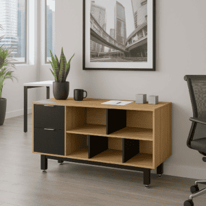 Mueble de oficina moderno con plantas y decoración minimalista en espacio de trabajo.