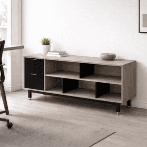 Estantería moderna para oficina con diseño funcional y elegante en tonos neutros, ideal para organiz.