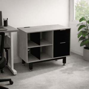 Mueble de oficina moderno con espacio de almacenamiento y diseño elegante.