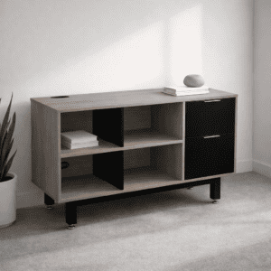 Mueble de oficina con diseño moderno y almacenamiento en tonos neutros, ideal para espacios de traba.