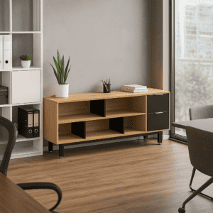 Estantería moderna para oficina con diseño funcional y elegante en madera clara, ideal para organiza.