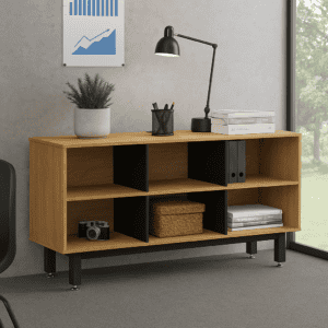 Estantería de oficina moderna con espacio para libros, archivos y decoración.