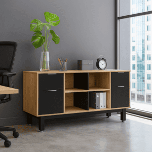 Mueble de oficina con diseño moderno, almacenamiento negro y madera, ideal para espacios de trabajo.
