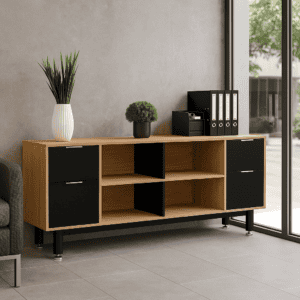 Mueble de oficina con diseño moderno, almacenamiento en negro y madera, ideal para espacios de traba.