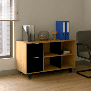 Estantería de oficina moderna con accesorios y archivos en un espacio de trabajo.