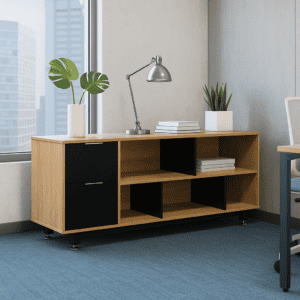 Estantería de oficina moderna con plantas decorativas y lámpara de escritorio en un espacio de traba.