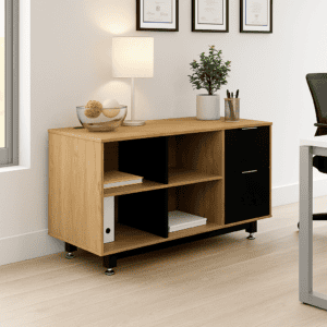Estantería de oficina moderna con espacio de almacenamiento y diseño elegante.