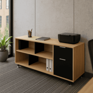 Mueble de oficina con estantes y cajones en oficina moderna.