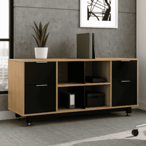 Estantería de oficina moderna con compartimentos abiertos y cerrados en madera y negro.