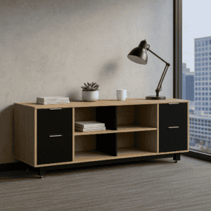 Mueble de oficina con diseño moderno y espacio de almacenamiento, ideal para espacios de trabajo en.