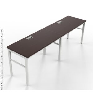 Mesa de oficina con superficie de madera oscura y estructura blanca para espacios laborales.