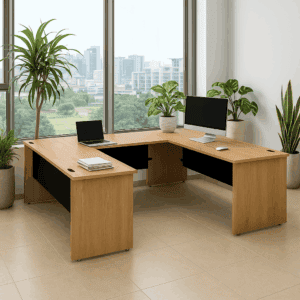 Escritorio de oficina con vista panorámica a la ciudad, equipado con computadora y plantas decorativ.
