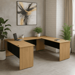 Mesa de oficina moderna y funcional con espacio para trabajo en un entorno elegante.